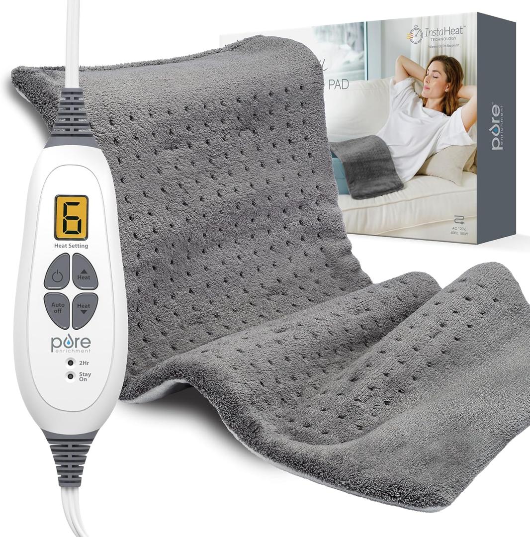 Pure Enrichment PureRelief XL Heating Pad - 12" x 24" Electric Heating Pad for Back Pain & Cramps, 6 Heat Settings, FSA/HSA Eligible, Soft Machine Wash Fabric, Auto-Off & Moist Heat (Charcoal Gray)