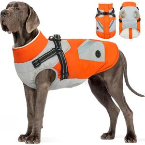 FUAMEY Dog Winter Jackets for Large Dogs,Dog Coat with Harness Built in,Waterproof Dogs Snowsuits Warm Pet Jacket Zip Up Fleece Cold Weather Coats Reflective Safety Pets Hunting Vest Orange  (XXX-Large (Chest:43in)