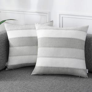 AmHoo Pack of 2 Farmhouse Stripe Check Throw Pillow Covers Set Case Cotton Linen Decorative Pillowcases Cushion Cover for Couch Bench Sofa 24x24Inch Light Grey Beige