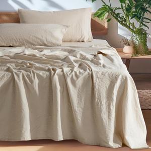SONORO KATE 100% French Pure Linen Sheets, Breathable and Durable Linen Queen Size Sheets, Anti-Tear Linen Bed Sheets, Machine Washable, 16 Inch Deep Pocket - 4 Piece (Natural Linen, Queen)