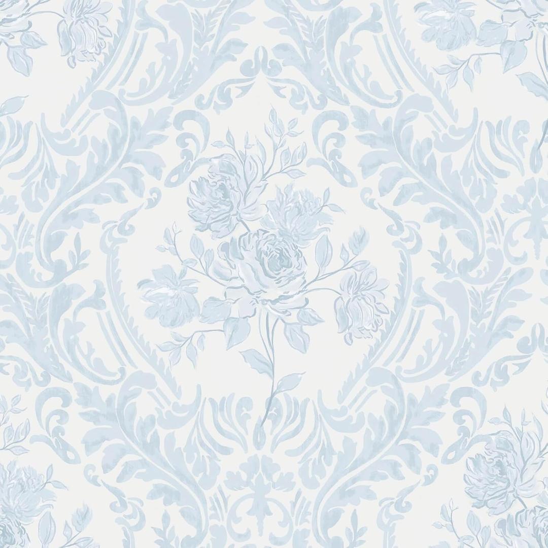 Ismoon Peel and Stick Wallpaper Vintage Floral Contact Paper Boho Watercolor Blue Damask Wallpaper Textured Removable Self Adhesive Vinyl Wall Paper for Bedroom, 17.3 in X 6.5 ft