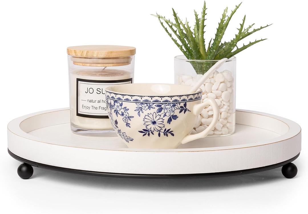 GENMOUS 12in Decorative Tray - White Wood Iron Bead Round Tray for Coffee Table, Rustic Farmhouse Centerpiece for Living Room, Kitchen Table Dining Decor