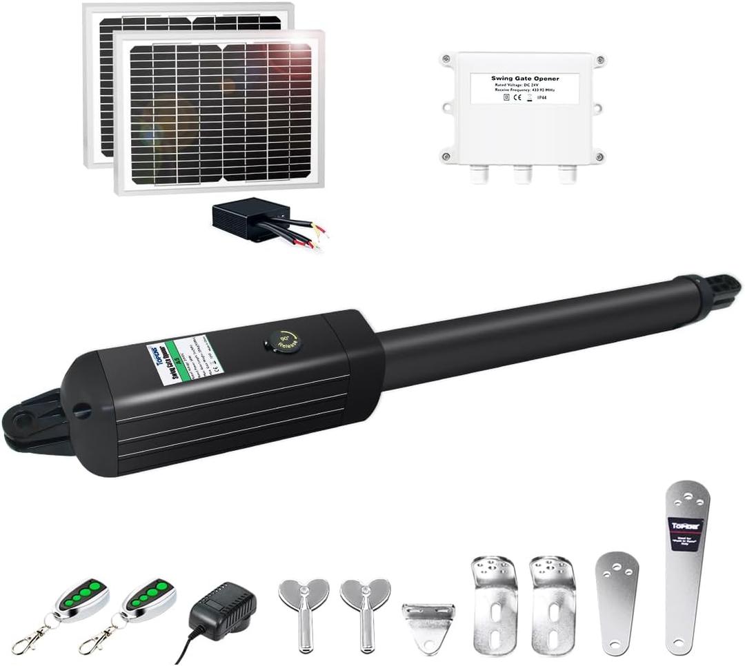 TOPENS A5S Automatic Solar Gate Opener for Medium Duty Single Swing Gates Up to 16ft, Single Swing Gate Operator Battery Powered with Remote Control Kit Gate Motor Solar Panel Included