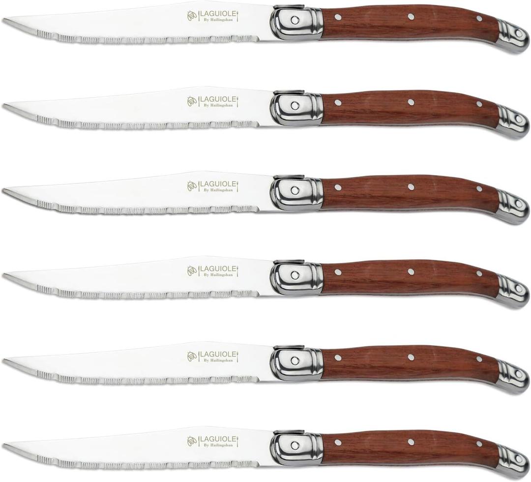 Steak knives Serrated Edge Sharp Light Premium Dishwasher Safe Stainless Steel knife set of 6 wood handle with Gift Box (Rosewood)