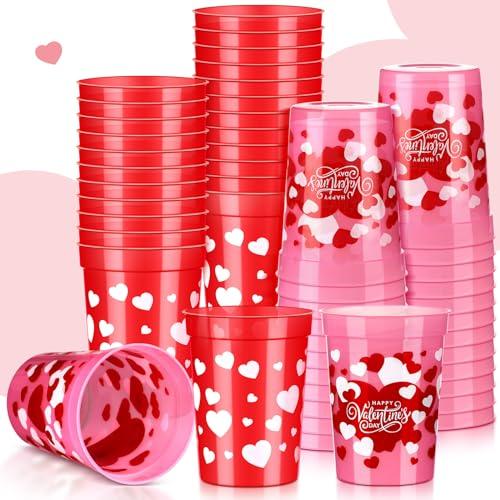 Layhit 48 Pack Valentine's Day Plastic Cups Bulk 8 oz Reusable Red and Pink Heart Party Cups for Valentines Holiday Party Supplies
