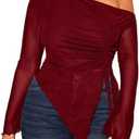 RoseSeek Women's Plus Size Sheer Mesh Off Shoulder Tops Long Sleeve Drawstring Asymmetrical Hem Ruched T Shirt, Red, 2XL