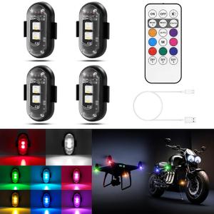 Wireless LED Lights for Car 4PCS with Remote Control, Wireless LED Strobe Lights 8 Colors USB Charge IP65 Waterproof Anti-Collision for Car Motorcycle Drone RC Aircraft Bike, Black