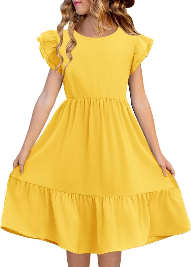 Haloumoning Girls Dresses Kids Summer Double Layer Ruffle Sleeve Dress (Yellow, S)