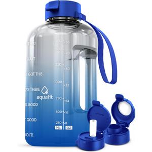 AQUAFIT Half Gallon Water Bottle with Time Marker - Straw & Chug Lid - BPA Free Gym Water Bottle with Straw - Big Gallon Jug (Blue Skies, 64 oz - 2 Lids)