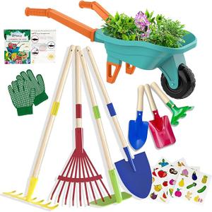 Qtioucp Kids Gardening Set with Wheelbarrow, Real Metal Garden Tools for Kids Ages 38, 4 Long Handle Tools, 3 Hand Tool, Gloves, 5 Stickers, Handbook, Outdoor Backyard Toys for Toddler Gift