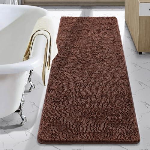 LOCHAS Luxury Bathroom Rug Shaggy Bath Mat 35 x 60 Inch, Washable Non Slip Bath Rugs for Bathroom Shower, Soft Plush Chenille Absorbent Carpets Mats, Brown