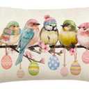 2 x RABUSOFA Easter Pillow Covers 12x20 inch Easter Decorations for Home Pink Birds Colorful Eggs Lumbar Throw Pillows for Bedroom Sofa Holiday Festivals Decor