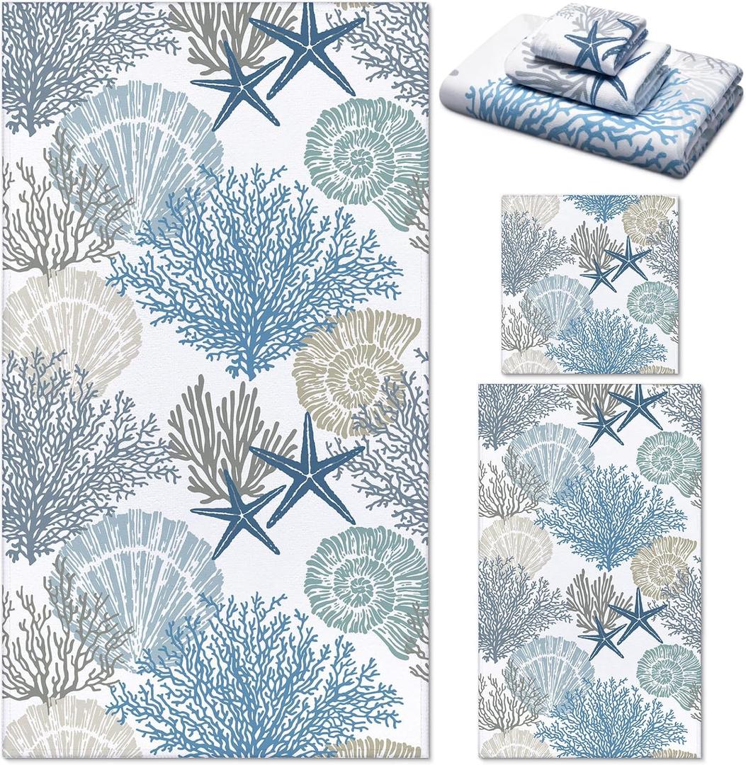 Preboun 3 Pack Hand Towels for Beach and Bathroom - Seashell Coral Starfish Nautical Bath Towels - Sea Creature Dish Towels for Kitchen, Hotel, Home (Blue, White)
