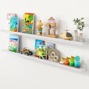 Axeman Oak Picture Ledge Shelf, 48 Inch Floating Shelves Set of 2, Solid Oak Wood Wall Shelves with Lip, Wall Decor Storage for Bedroom Living Room Bathroom Kitchen Nursery Photo Picture, White (48inch)