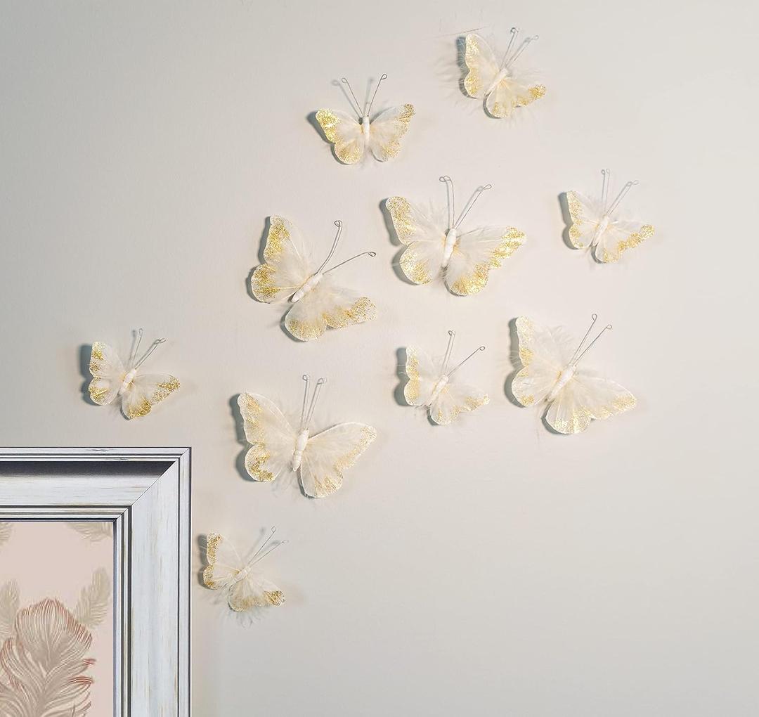 Inspired by Jewel Butterfly Wall Decorations Premium Quality Real Feather 3D Wall Decals Girls Bedroom | Stunning Gold Glitter Decor Stickers All Rooms & Nursery Sets | 10 Adhesive Pieces