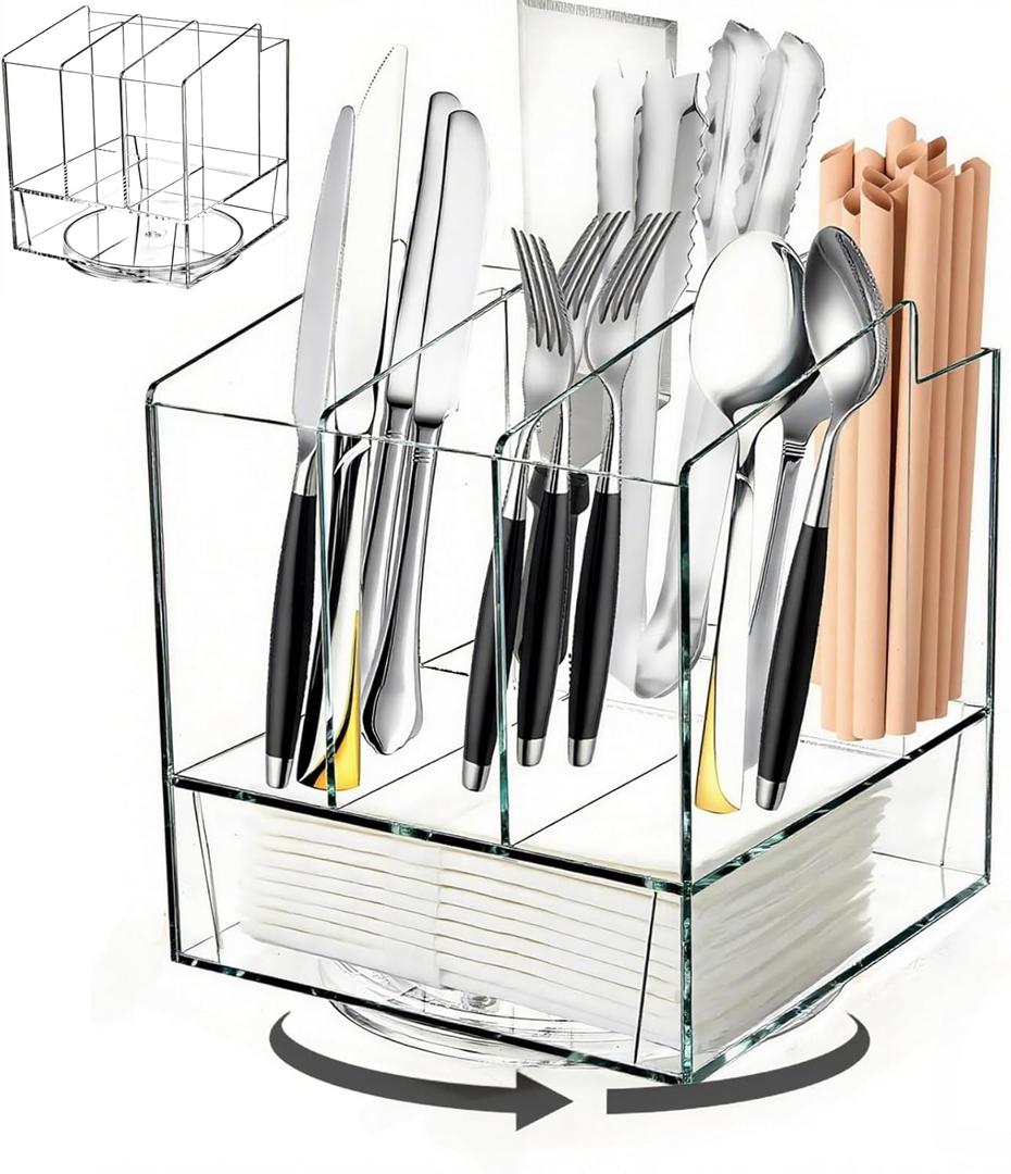 Acrylic Utensil Holder 360 Rotating, 2 Tier Silverware Organizer with Napkin Storage, Space Saving Countertop Caddy for Kitchen Table, Party, Holds Forks, Spoons, Knives, Napkins (Clear)