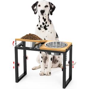 Dog Bowls Elevated, 4 Height (9.6" to15) & Angle (0-20) Adjustable Raised Dog Bowl Stand, Elevated Dogs Bowl for Medium to Large Sized, Bamboo Feeding Station with 2X 10cups Stainless Steel Dishes