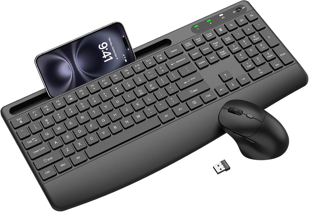 Wireless Keyboard and Mouse Combo, 2.4G Full Size Silent Ergonomic Keyboard with Wrist Rest, Phone Holder, 3 DPI Adjustable Ergonomic Quiet Mouse for Windows, Mac OS Desktop/Laptop/PC(Black)