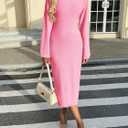 Saodimallsu Womens Long Sleeve Midi Sweater Dress Crew Neck Swiss Dot Soft Knit Casual Fall Trendy Maxi Dresses (Pink)