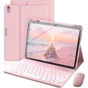 Keyboard Case for iPad A16 11th Generation 2025 / 10th Generation 2022, Mouse and 7 Colors Backlit Detachable Keyboard, Adjustable Stand Built in S Pen Holder, Auto-Sleep/Wake Feature, Pink
