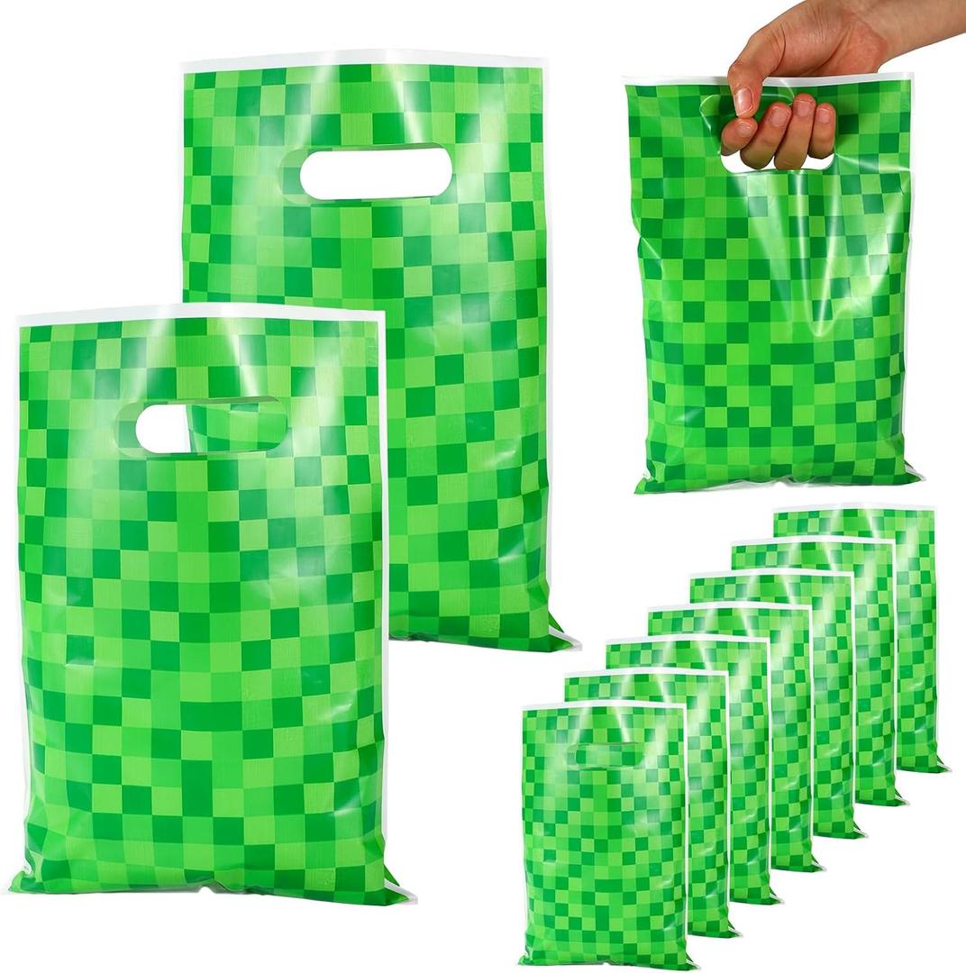50pcs Pixel Gift Bags, Pixel Birthday Party Favors Bags with Handles Video Game Theme Birthday Party Favors Supplies for Candy Goodie Snack Treat Gift (Green)