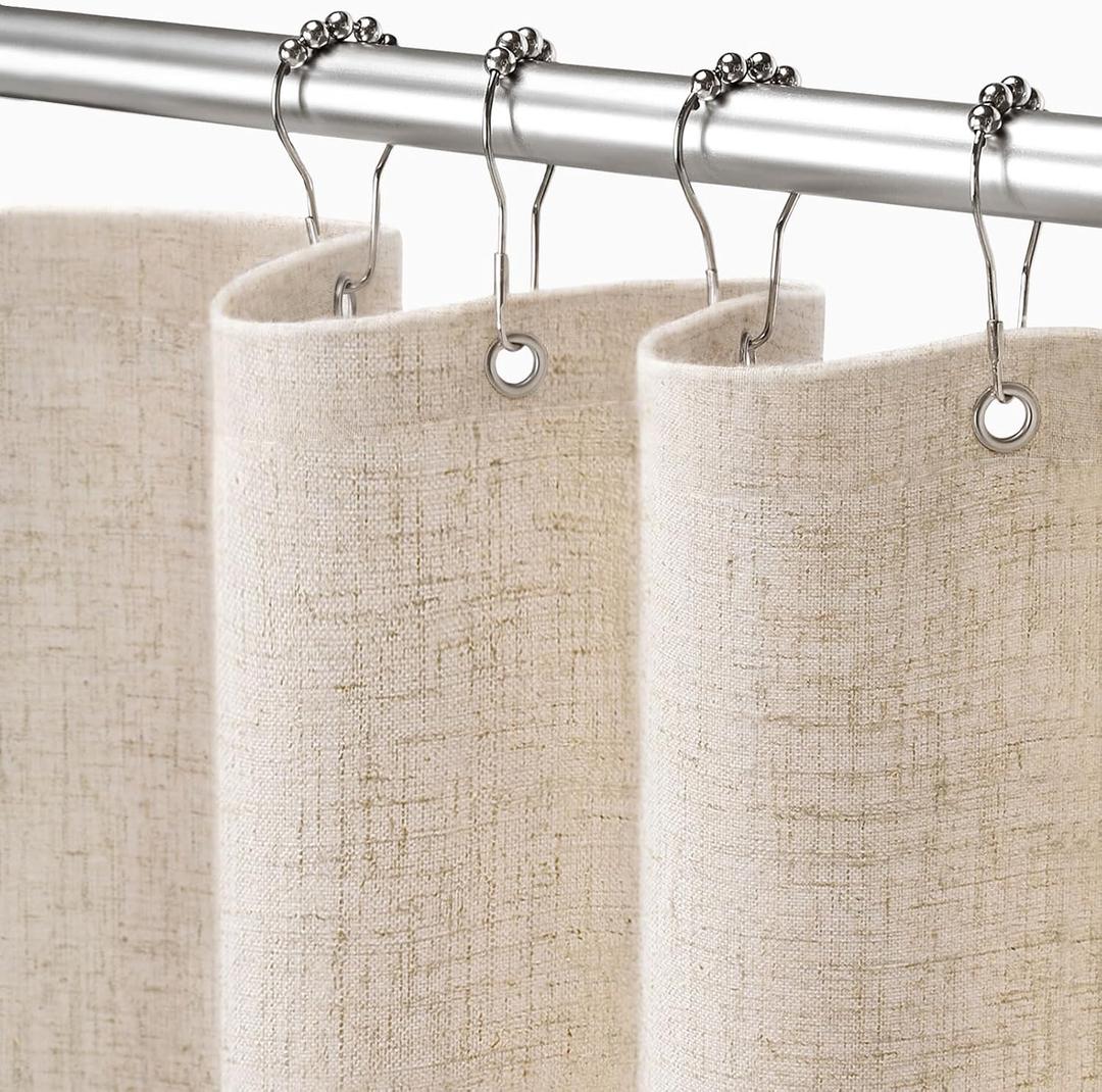Linen Shower Curtain Beige, Fabric Boho Farmhouse Shower Curtains for Bathroom Cream Cotton Natural Cloth Liner Set 72" W x 72" L