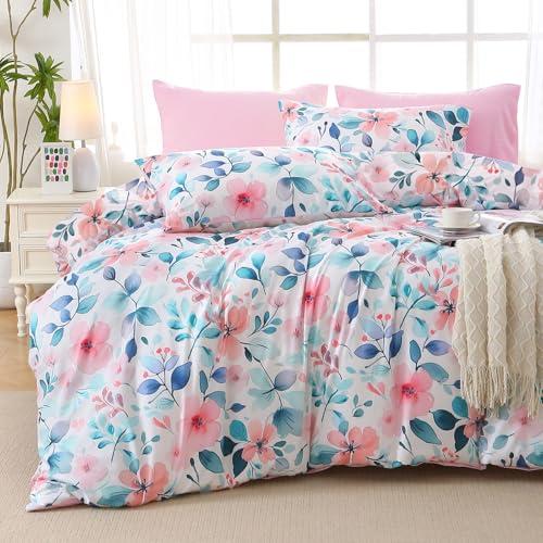 MUXHOMO Pink Blue Branch Bed in a Bag Queen 7 Pieces, Queen Comforter Set Reversible Botanical Flowers Design, Ultra Soft & Breathable Bedding Sets with Comforter, Sheets, Pillowcases & Shams
