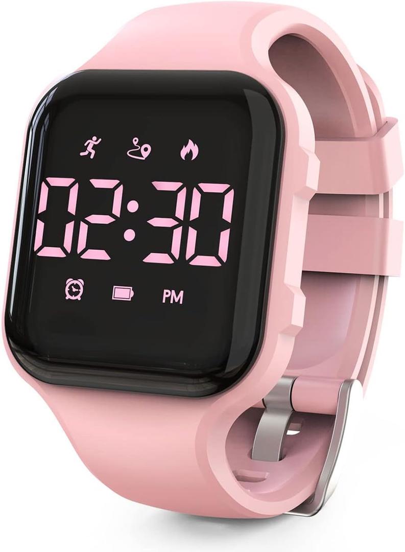 Kids Led Fitness Tracker Watch, Non-Bluetooth Digital Pedometer Wristwatch, Waterproof, 12/24 H, Stopwatch, Calendar, for Children Girls Boys Teens (Pink)