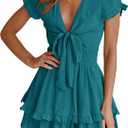 PRETTYGARDEN Summer Short Dress for Women 2024 V Neck Short Sleeve Ruffle Hem Swing Mini Dress (Lake Blue, X-Large)