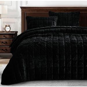Chezmoi Collection Piers Black Velvet Quilt King Set, 3-Piece Lush Plush Distressed Velvet Bedding All Season Lightweight Comforter - Brushed Microfiber Reverse with Double Square Stitch