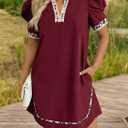 Wenrine Womens Puff Short Sleeve Mini Dress Casual V Neck Color Block Leopard Loose Beach Summer Dresses with Pockets (L)
