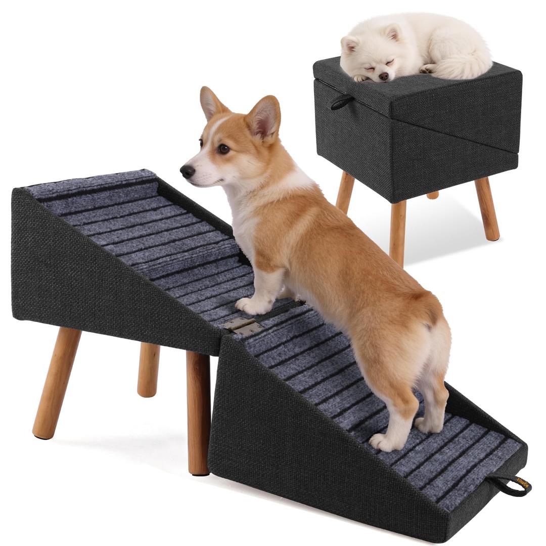 17.13" H Dog Stairs for Small Dogs, 2-in-1 Pet Steps & Ottoman - Foldable Dog Stairs for Couch, Non-Slip Wooden Pet Stairs for Puppy Senior Injured Dogs