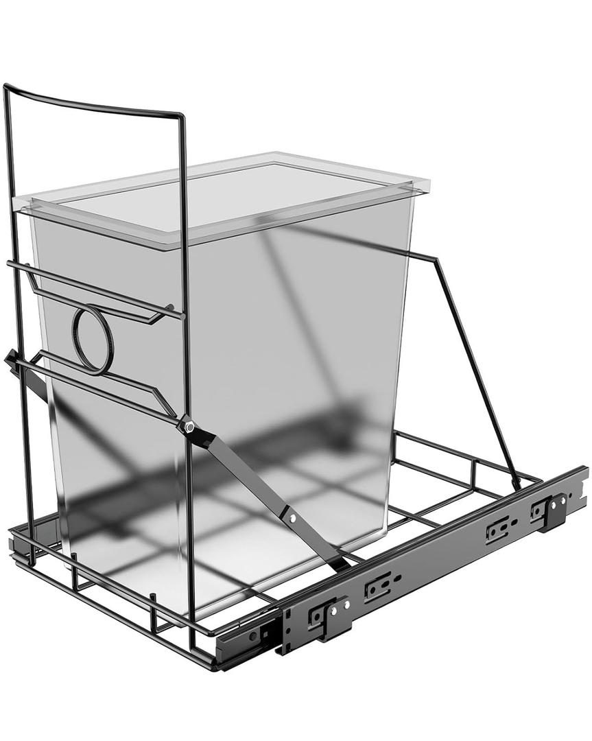Upgraded Stainless Steel Pull-Out Trash Can Holder, Heavy-Duty Slide-Out Cabinet Organizer for 711 Gallon Bins, Black(Trash Can Not Included)