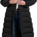 TAHARI Women's Maxi Puffer Coat, Attached Bib, Faux Fur Hood Trim, Hand Warmer Pockets, Long Puffer Coat (Black) XXS