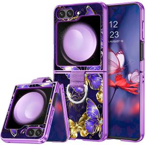 DUEDUE for Samsung Galaxy Z Flip 5 Case with Ring, Glow in The Dark Purple Butterfly Slim Hybrid Hard PC Cover Anti Slip Shockproof Protective Phone Case for Samsung Z Flip 5 5G 6.7", Purple