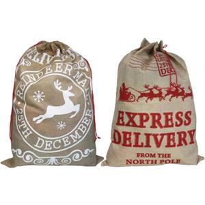 Hooin Christmas Sacks. 19.7''x27.6'' Large Linen Burlap Sacks. Xmas Hessian Drawstring Goody Gift Bag Pack of 2 (Red & White)