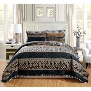 GrandLinen 3-Piece Fine Printed Oversize (115" X 95") Quilt Set Reversible Bedspread Coverlet King Size Bed Cover (Black, Brown, Taupe, Beige Lattice)