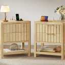 Huuger 27.6 Inch Tall Night Stands with Charger Station, USB-C Port, Fluted Nightstand Set of 2, Larger Wider Bed Side Table with 2 Deep Drawers, Open Shelf, Bedroom Living Room End Table, Natural