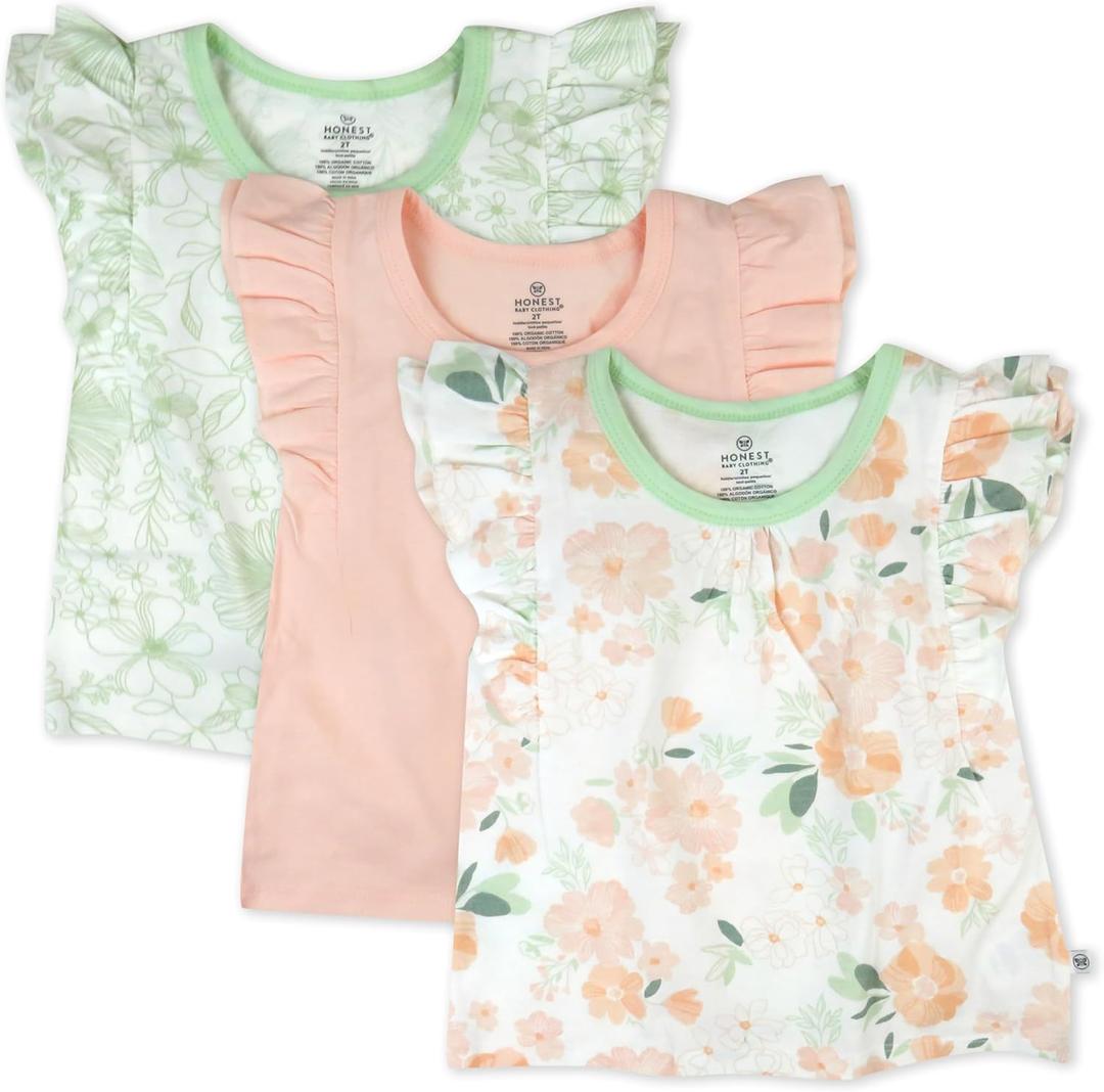 HonestBaby Baby 3 Pack Sleevelss Ruffle Shoulder Tops 100% Organic Cotton for Baby Girls (5T, White Peach Blossom Floral)