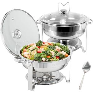 VEVOR Chafing Dish Buffet Set, 4 Qt 2 Pack, Stainless Steel Chafer,Round Catering Warmer Server with Vented Glass Lid Water Pan Stand Fuel Holder Hook Spoon, at Least 4 People Each (Silver)