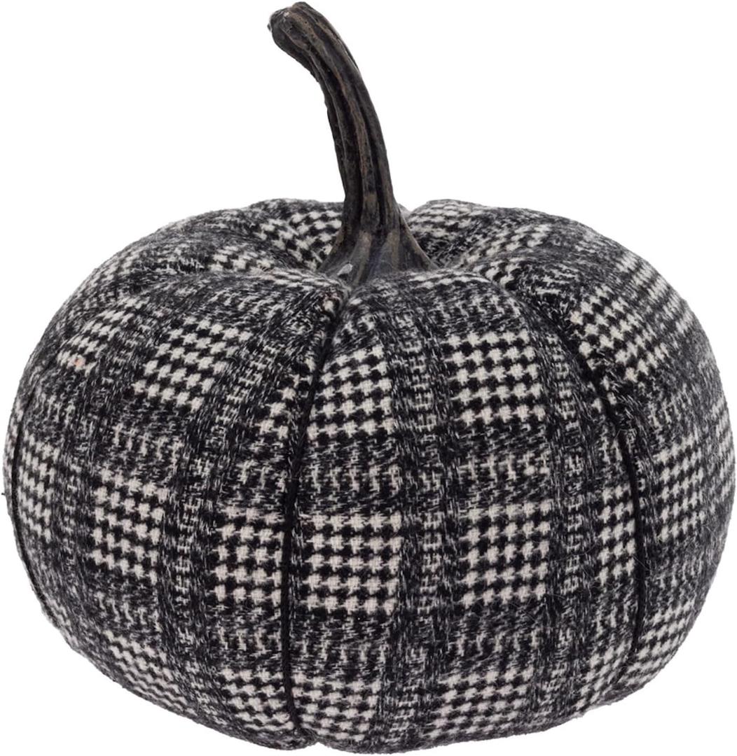 Boston International Fabric Pumpkin Tabletop Mantel Shelf Fall Autumn Thanksgiving Halloween Decorations for Home, Small, Black & White Plaid