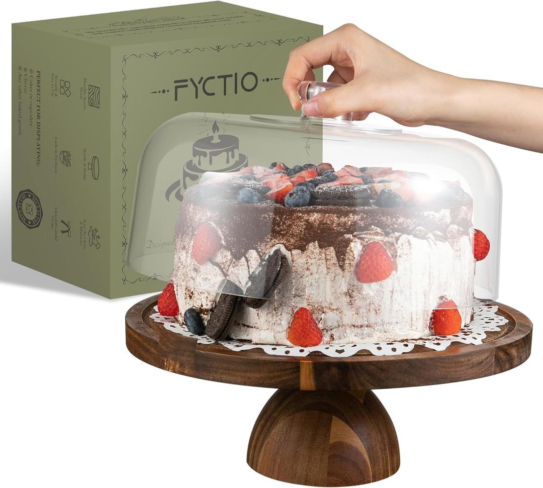 Acacia Wood Cake Stand with Lid,12in Round Acrylic Cake Stand with Dome,2-In-1 Reversible Charcuterie Board with Lid,Large Wooden Baked Goods Display Holder,Perpare For Dessert,Cheese,Chips,Cookie
