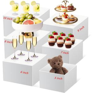 6 Pcs Buffet RisersSize5''-6''-7''-8''-9''-10'',Food Risers for Buffet TableWhite Acrylic Cube Display Risers Shelf for Catering, Party, Jewelry & Collectibles