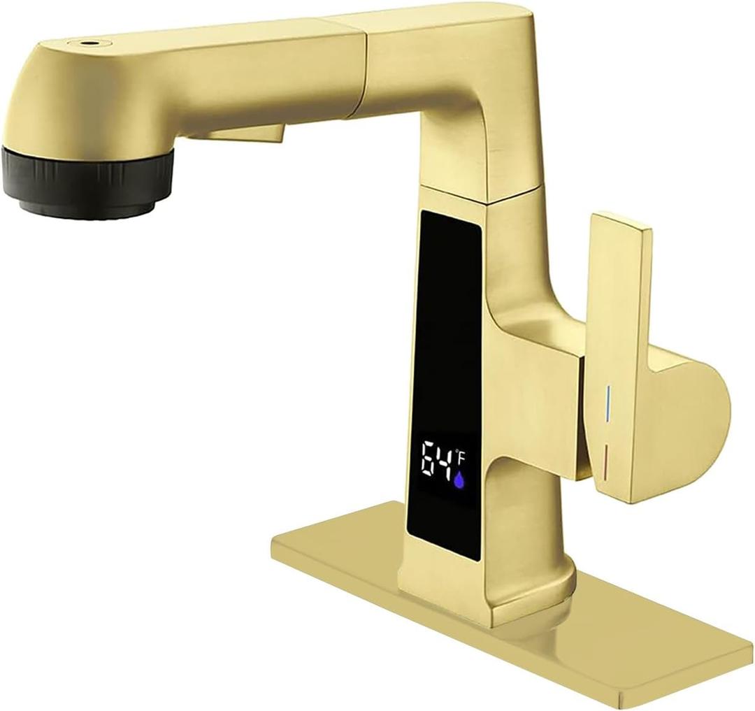 Qeemee LED Bathroom Faucet with Pull Out Sprayer, Brushed Gold Temperature Digital Display Sink Faucet 5 Water Flow Modes, Single Handle RV Bath Vanity Faucets for 1 or 3 Hole