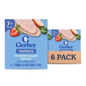 Gerber Teethers, Strawberry Apple Spinach Gentle Teething Wafers, Baby Teething Snacks, 6PK, Best Before 07/18/2026