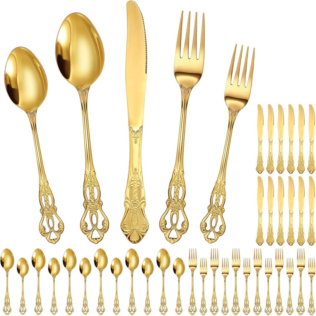 Dandat 60 Pcs Retro Royal Silverware Set Stainless Steel Flatware Tableware Cutlery Utensils Set Including Fork Spoon and Knife for Kitchen Restaurant Home Wedding Birthday Party Favor (Gold)