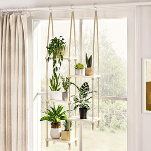 Bamworld Hanging Shelves Plant Hanger Indoor Window Plant Shelves Wood Plant Wall Shelf Window Sill Plant Shelf Indoor Hanging Plant Stand Living Room Decor Garden Boho Decor, 5Tier