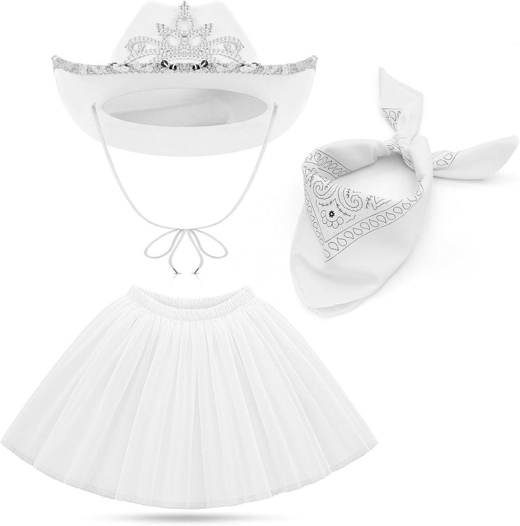 SATINIOR Cowgirl Outfit Hat for Women Bandana Skirt for Western Cowboy Party Halloween Adult Costume (White)