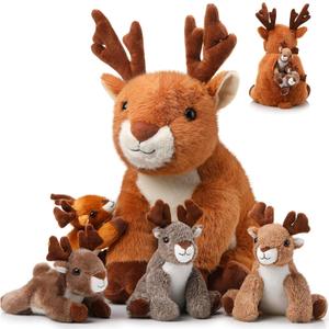 Poen Plush Deer Stuffed Animal Set 16 Inch Cuddly Mommy Deer Plush with 4 Cute Little Plushes in Her Zippered Tummy for Kids Birthday Baby Shower Decor Gift Woodland Party Favors(Sitting)