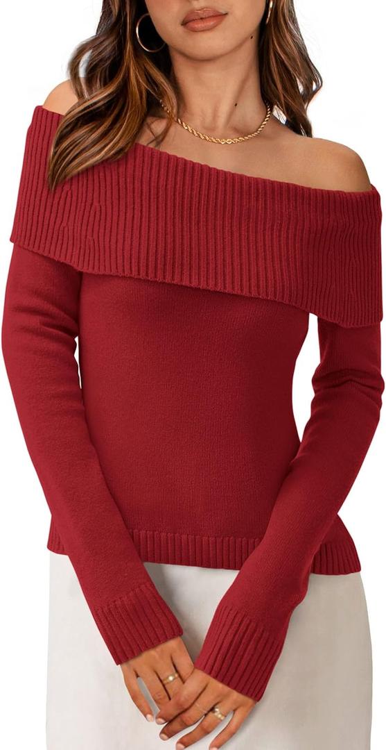 PRETTYGARDEN Off The Shoulder Sweater for Women 2026 Fall Fashion Cute Long Sleeve Tops Winter Ribbed Pullover Knit Outfits (Large, Rust Red)